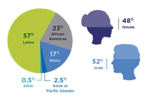 57% Latino, 23% African American, 17% White, 2.5% Asian or Pacific Islander, 0.5% other, 48% female, and 52% male